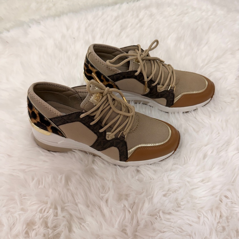 Michael Kors Liv Trainer Tan and Leopard Sneakers NWT